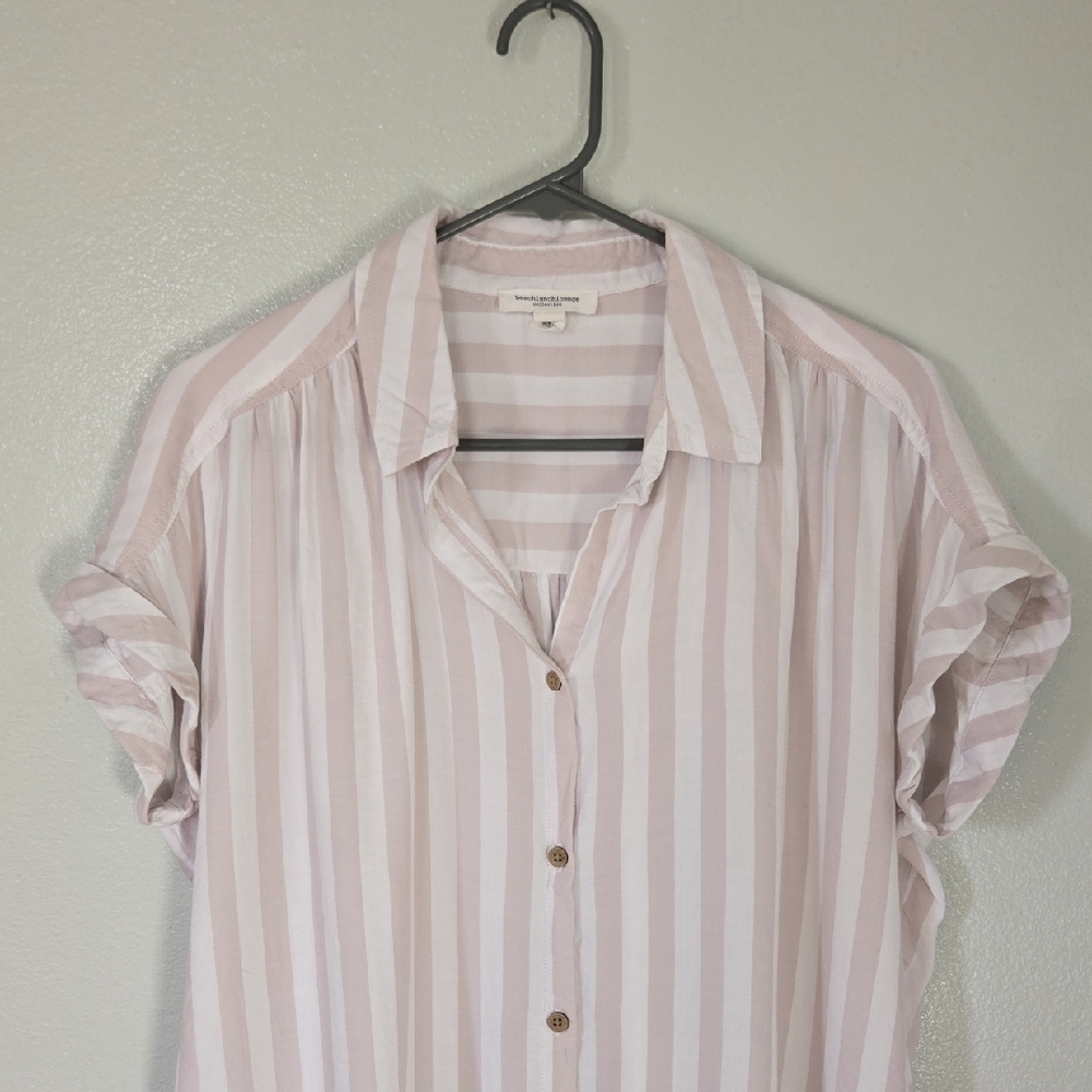 Beach Lunch Lounge | Tan Striped Loose Button Down Shirt Size Medium